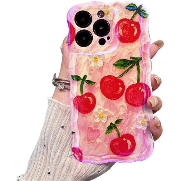 Accessories - iPhone 14 Pro Max Retro Oil Painting Flower Glossy Cherry Floral Wave Phone Case
